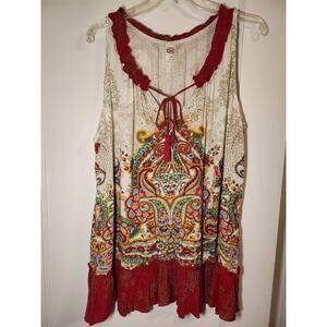 Bila Women's Top Size XL Red White Paisley Tank‎ Sleeveless Tassel Bohemian